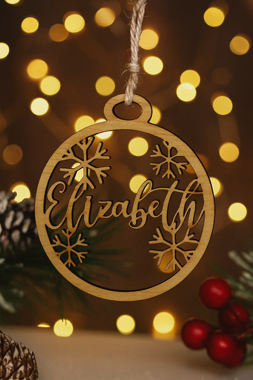 Adorno de Navidad Personalizado en Madera - Copos de Nieve