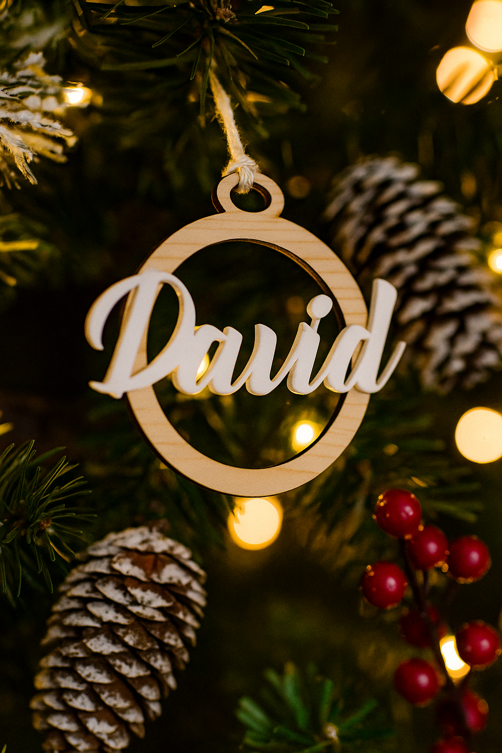 Adorno de Navidad Personalizado en Madera + Nombre en blanco